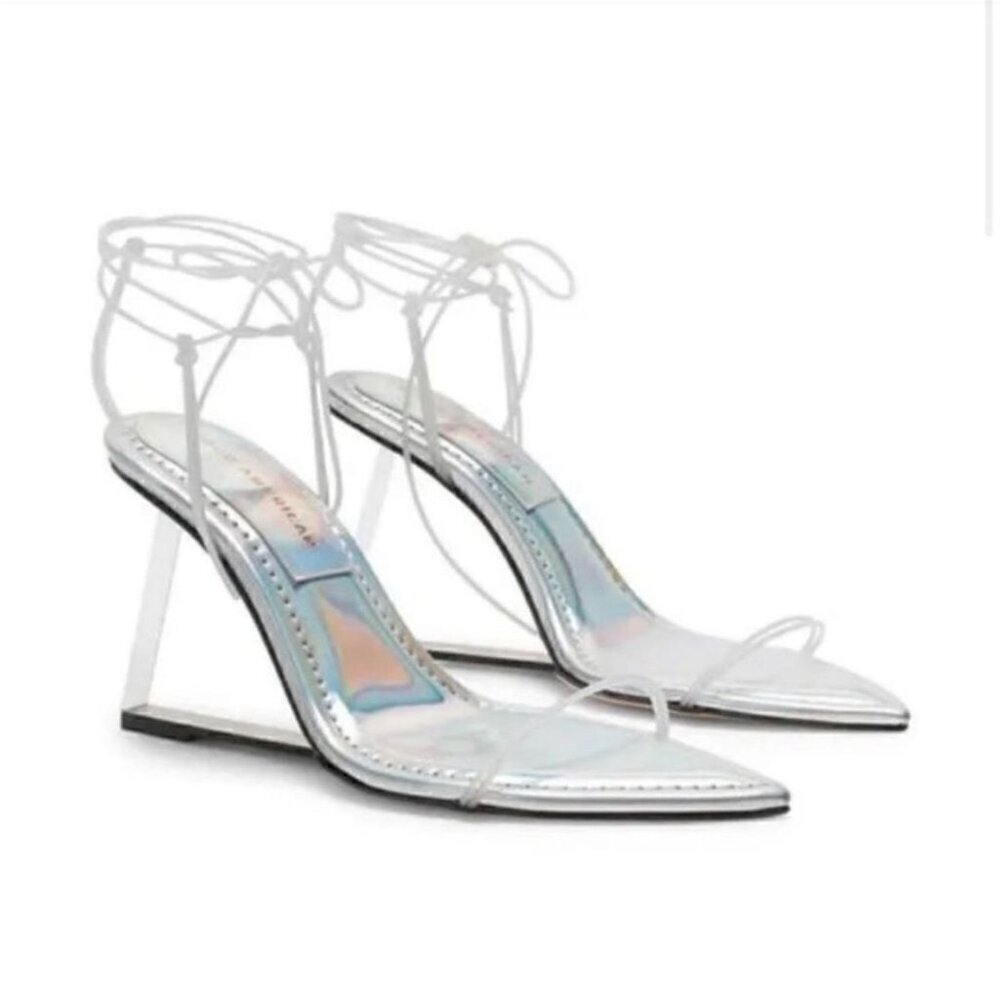 NIB Good American Cinder Fckin Ella‎ Silver/Clear Lace Up Heels, Size 7.5